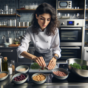 "A chef in a modern kitchen blending traditional ingredients with innovative cooking techniques."